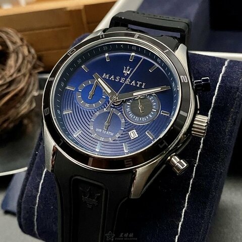 MASERATI手錶,編號R8871624003,44mm銀錶殼,深黑色錶帶款