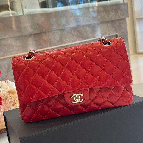 *SHIHNA名牌精品*CHANEL Coco 紅色羊皮銀釦 CF25口蓋包