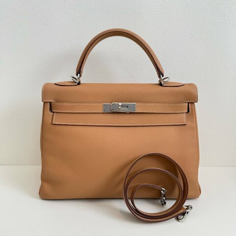 Hermes 愛馬仕 kelly 32 Epsom皮 手提包斜挎包 37金棕色 銀扣 框H刻 2004年 附件：肩帶