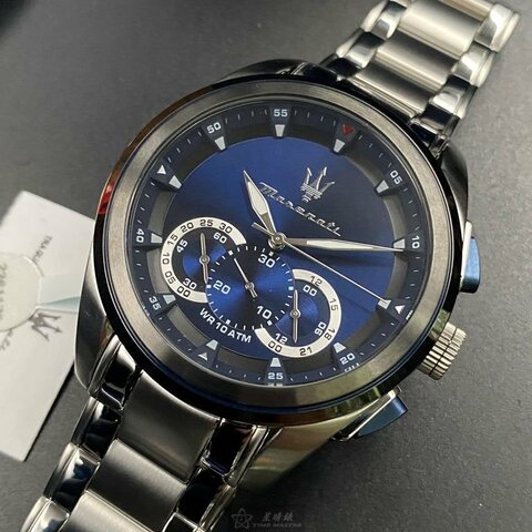 MASERATI手錶,編號R8873612014,46mm黑錶殼,銀色錶帶款
