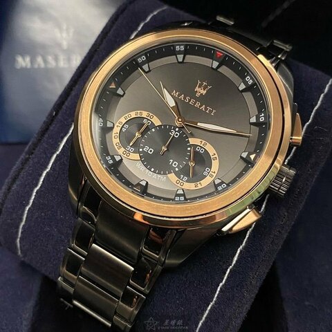 MASERATI手錶,編號R8873612016,46mm黑圓形精鋼錶殼,黑玫瑰金色三眼, 運動錶面,深黑色精鋼錶帶款