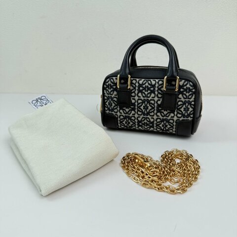羅意威/LOEWE Amazona 藍色帆布老花絎縫斜挎包手提包 金扣 2021年附件：金色鏈條肩帶，塵袋，說明書