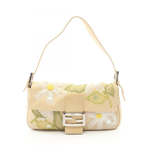 FENDI Mamma 水桶包，花朵刺繡肩背包，米色皮革，二手女款