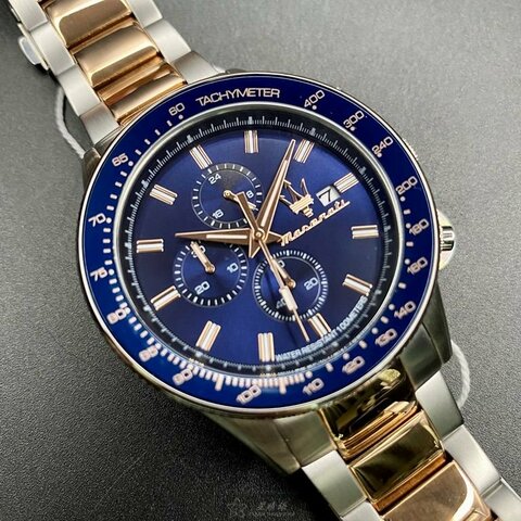 MASERATI手錶,編號R8873640012,44mm寶藍錶殼,金銀相間錶帶款