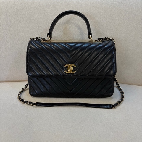 CHANEL 香奈兒 trendy cc 黑色V紋金扣手提包單肩包