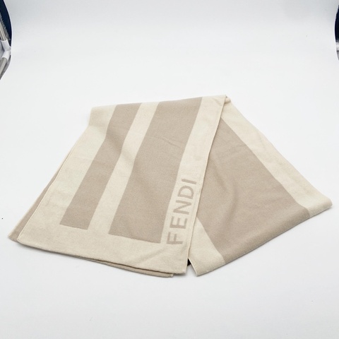 FENDI｜米杏雙色條紋針織圍巾 大FF提花