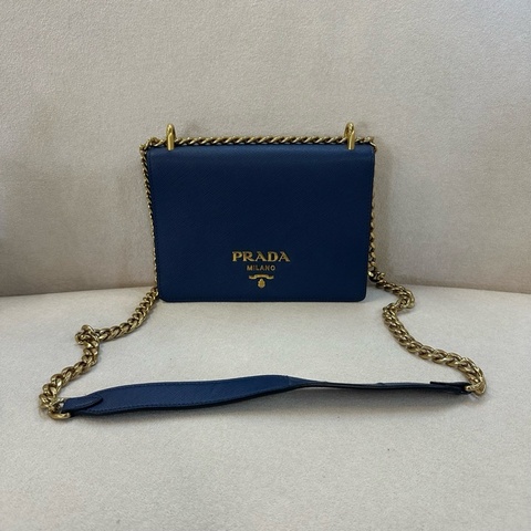 Prada 普拉達 Saffiano 藍色金扣牛皮單肩斜挎包