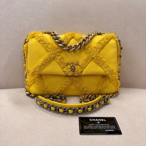 CHANEL 香奈兒 19bag 小號 黃色菱格紋流蘇牛仔金扣