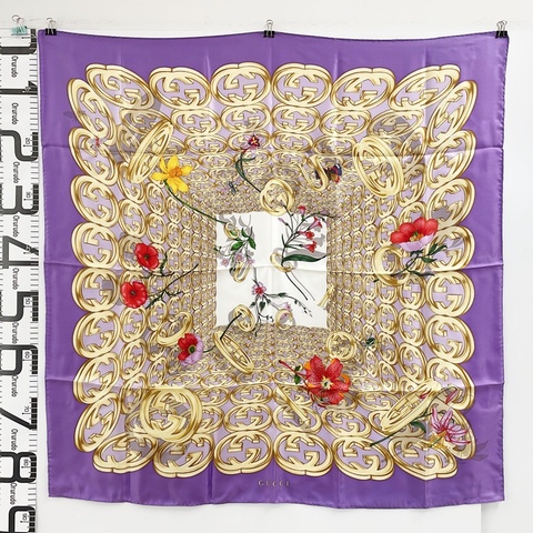 GUCCI｜古馳 紫色立體雙G花卉大方絲巾