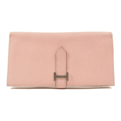 HERMES Chevre皮革Bearn W Snap長錢包Rose Sakura