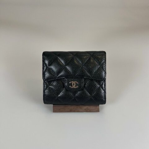 CHANEL CF三折短夾 荔枝黑銀 保卡款24開