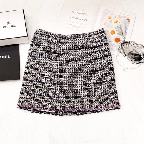 Chanel 黑紫混色Tweed短裙