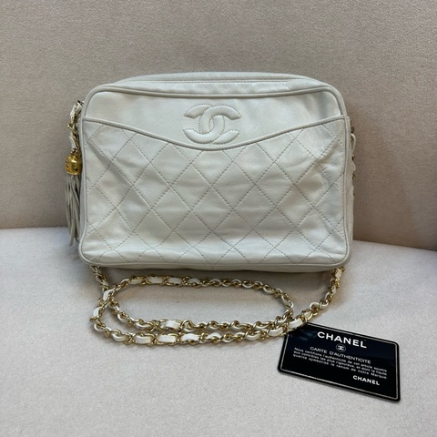 Chanel 香奈兒 白色 流蘇鏈條相機包 油蠟皮 0開