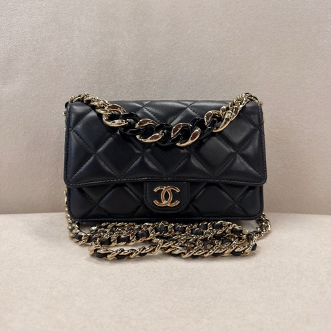 Chanel香奈兒 黑金羊皮琺瑯粗鏈條woc包 芯片款