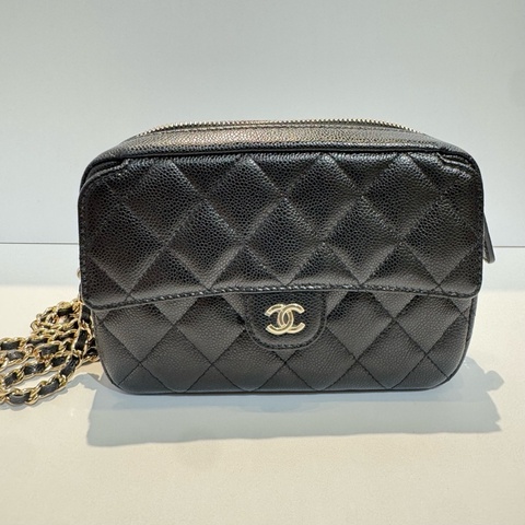 Chanel 香奈兒25A黑金荔枝紋相機包 25年 芯片款 尺寸17×7×12 C