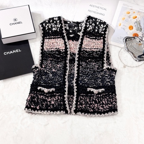 Chanel 黑粉混紡Tweed無袖馬甲