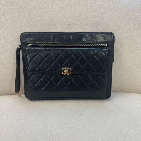 Chanel 香奈兒 黑色鴛鴦扣手拿包 羊皮 27*20
