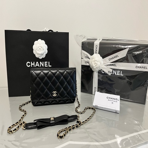 CHANEL 香奈兒 經典菱格紋蝴蝶結 WOC 斜背鏈包 黑金 全配
