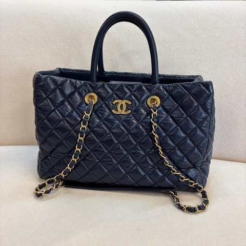 Chanel 香奈兒 藍金油蠟皮金豆豆手柄tote