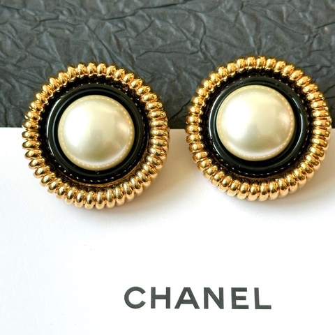 -Chanel/香奈兒 中古黑金珍珠耳夾