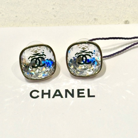 -Chanel/香奈兒 雙C冰糖水晶方鑽耳釘