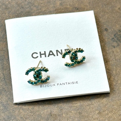 -Chanel/香奈兒 金色孔雀綠雙C耳釘
