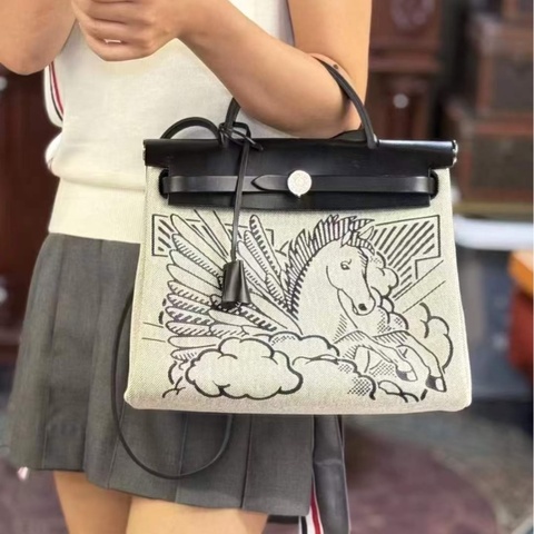 【男女通用✨超低價限量款‼️】HERMES愛馬仕herbag 31飛馬刺繡 黑色拼帆布 銀扣