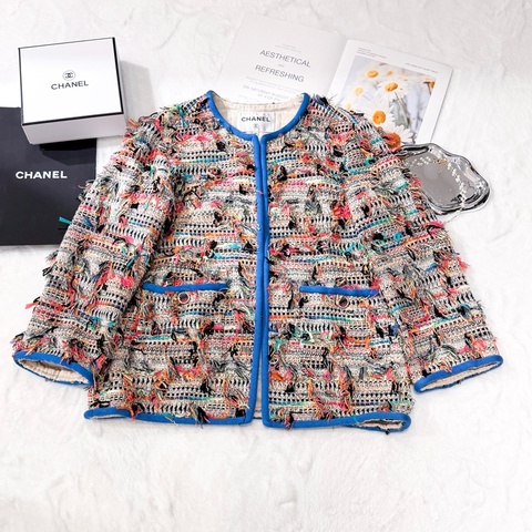 CHANEL Tweed Jacket 彩色流蘇寶藍滾邊圓領外套 Size38
