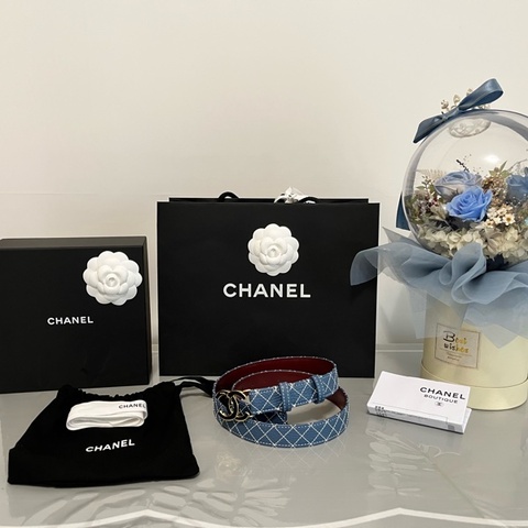 CHANEL 香奈兒《全新》26B 牛仔藍菱格紋雙面皮帶｜金色CC Logo｜80/32｜全新全配