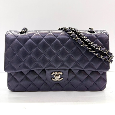 CHANEL 香奈兒 藍紫色羊皮雙蓋鏈條肩背包25CM RFID