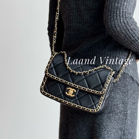 VIC限定🖤香奈兒CHANEL黑金羊皮菱格皮穿鍊滾邊mini下蓋鏈包AS5089