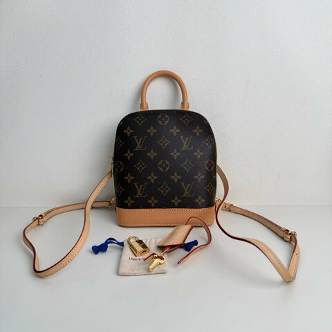 路易威登/Louis Vuitton Alma 雙肩包 棕色老花塗層帆布 紅色內裡 芯片款 附件：鎖鑰匙