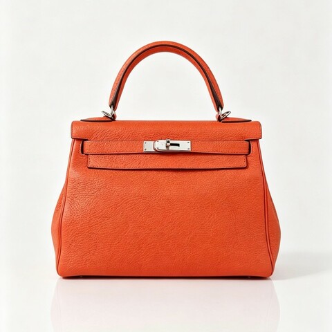 HERMES/愛馬仕KELLY28 火焰橙 銀扣 TOGO皮 T刻