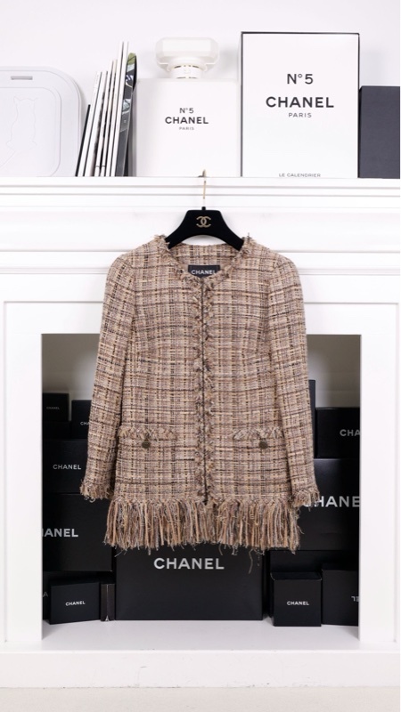 Chanel 10年冰山系列棕色编织流苏两口袋拉链外套