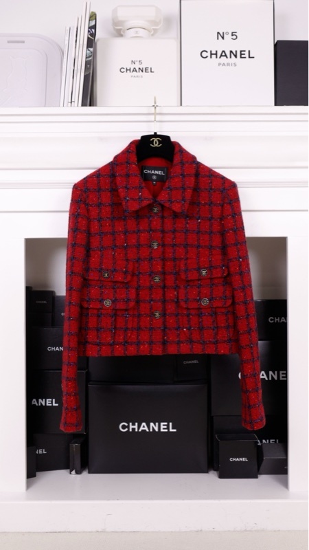 Chanel 22K秀款金高银同款红黑格纹两口袋上衣外套