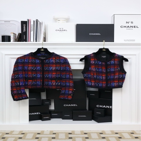 Chanel 94年秀款红蓝马赛克格纹两口袋外套马甲套装