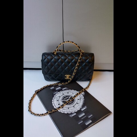 Chanel 金鍊黑羊皮菱格手提口蓋兩用包 CF handle 23