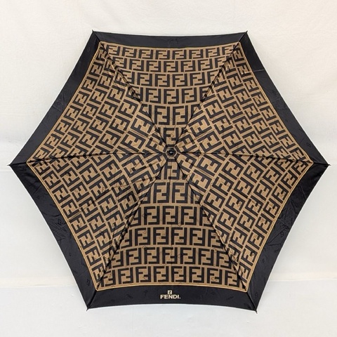 真品 FENDI 棕色與黑色相間的 Fendi Zucca Monogram 經典老花雨傘 / 陽傘