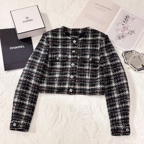CHANEL Tweed黑白粉紅格紋短款外套 Size38