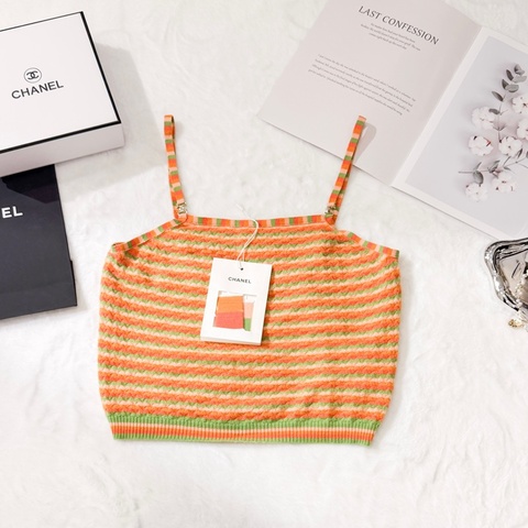CHANEL 橙綠色波浪橫紋羊絨吊帶背心