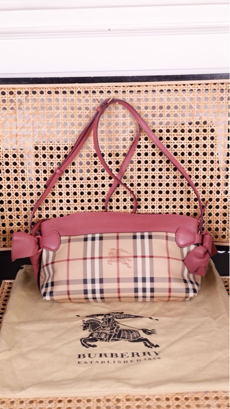 Burberry米色格纹拼皮蝴蝶结单肩包