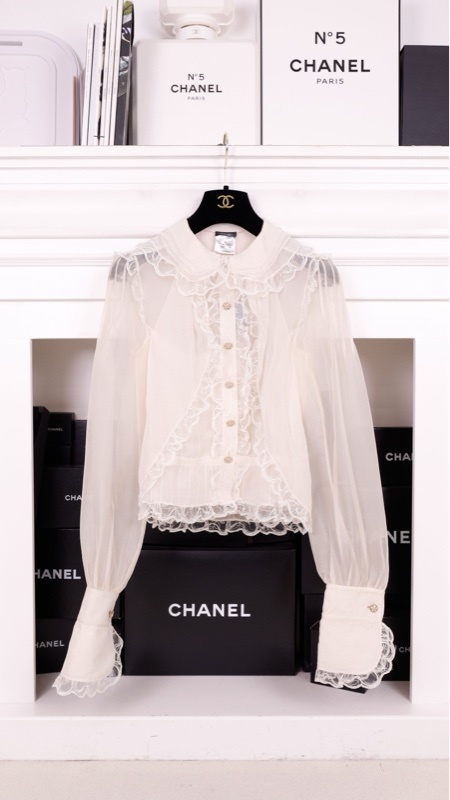 Chanel 08年高级手工坊系列奶白色重工蕾丝花边长袖衬衫FR38 25/1