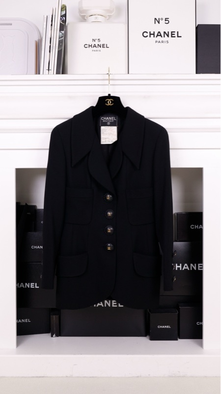 Chanel 92年黑色皮扣黑金扣毛呢大衣外套
