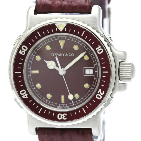 Tiffany Diver 精鋼皮革石英女士腕錶 L0710 拋光