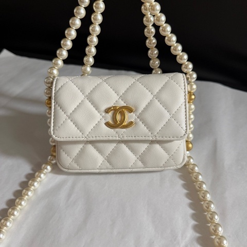 CHANEL香奈兒白色金扣珍珠鏈條woc斜挎包單肩包