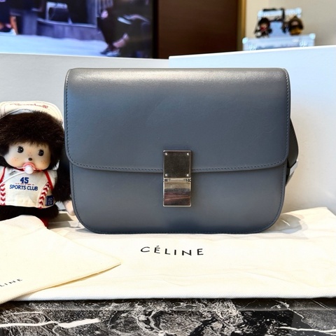 賽琳 Celine BOX中號 霧霾灰銀扣 牛皮豆腐包單肩斜挎