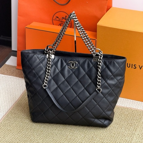 Chanel 香奈兒 托特包黑色荔枝 牛皮格紋單肩包手提包