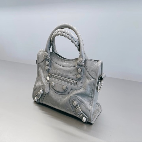 「JL精品代購」95新 Balenciaga巴黎世家霧霾灰銀扣油蠟牛皮gaint classic mini city機車包