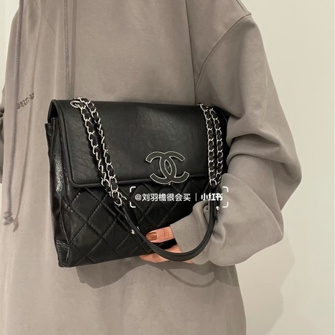 💎Chanel香奈兒｜ 黑銀 雙鏈條 琺瑯扣 大logo翻蓋信封包 單肩包｜98新
