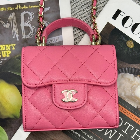 香奈兒/CHANEL 23P粉金trendy羊皮mini手柄小廢包woc金扣粉色